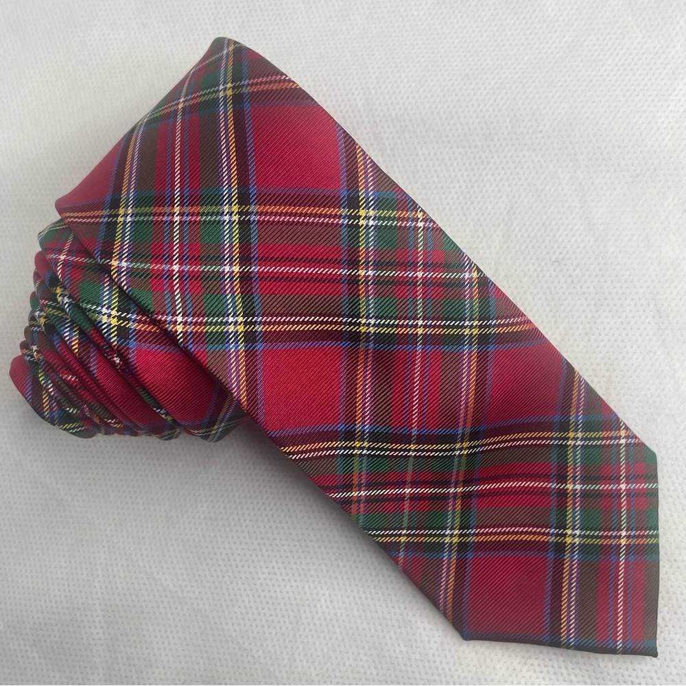 Lauren Ralph Lauren 100% Silk Skinny Tie Traditional Red Plaid Slim Necktie